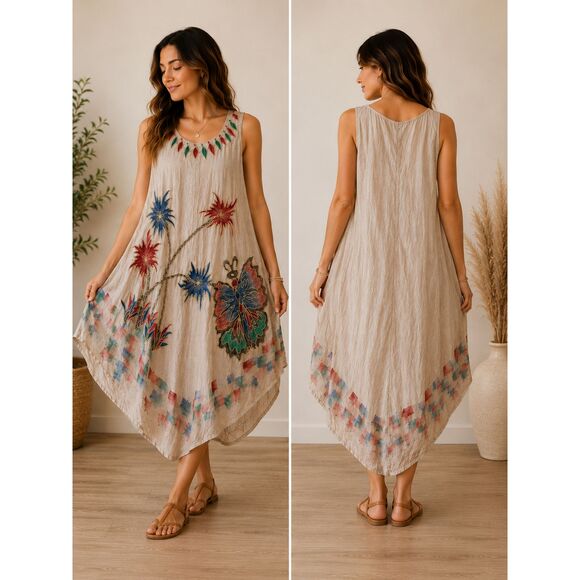 Dresses & Skirts - Boho Women Butterfly Embroidered Handkerchief Hem Dress Brown Artsy Festival XL